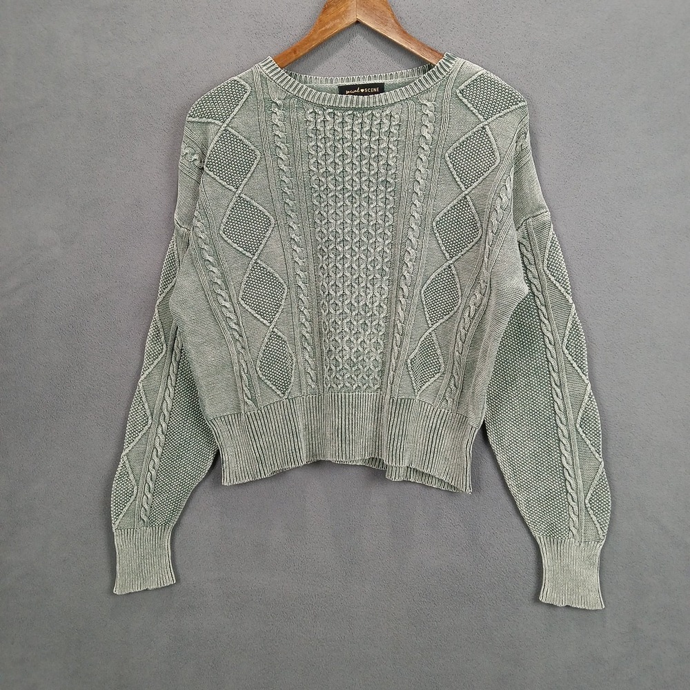 Social‎ Scene Sweater Womens Medium Green Cable Knit Drop Shoulder Round Neck